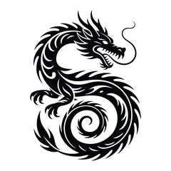 Tribal-style black dragon illustration in coiled posture with flame-like patterns—symbolizing mythic power, mysticism, and artistic force