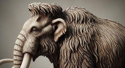 Close-up of a woolly mammoth sculpture, showcasing its textured fur, tusks, and detailed features.