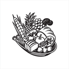 Black and White Food Platter Illustration with Fruits, Bread, and Vegetables