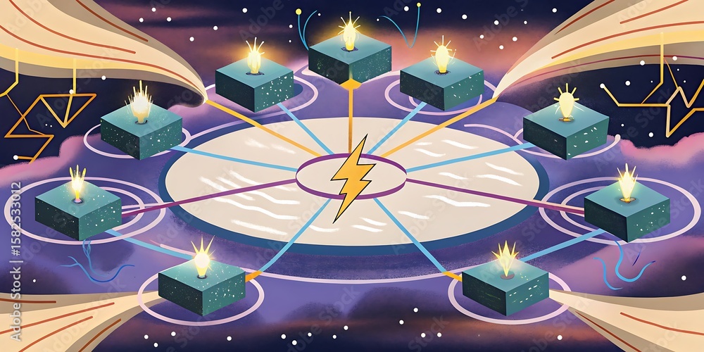 Poster a futuristic network of glowing nodes connected by lines, symbolizing data and energy transfer.