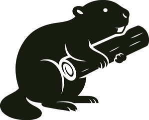 Cartoon Beaver Silhouette with Cut Log and Rounded Tail in Side View