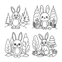 line art cute Rabbit in forest set bundle coloring page for kids
