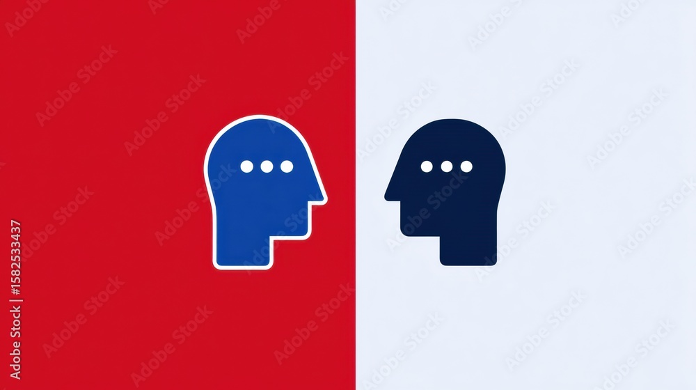 Poster minimalist dual tone talk icons representing face-to-face communication with a split background and 