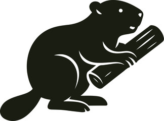 Cartoon Beaver Silhouette in Side View Holding Log with Flat Textured Tail © Prince