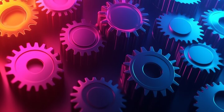 Colorful Neon Gears Abstract Background with Vibrant Pink Blue and Purple Tones