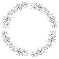 A decorative circular design featuring olive branches adorned with leaves and olives, perfect for art projects, invitations, or home decoration. Its elegance adds a natural touch.