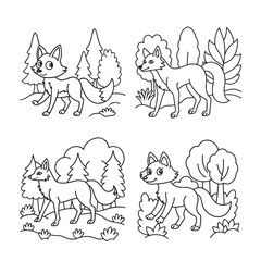 line art cute fox walking in forest set bundle coloring page for kids
