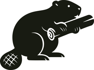 Cartoon Beaver Silhouette with Crisscross Tail Holding a Log