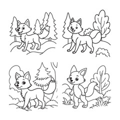 line art cute fox walking in forest set bundle coloring page for kids