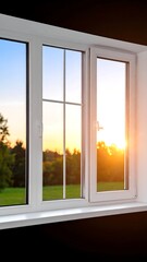 White window overlooking a sunset over a green landscape