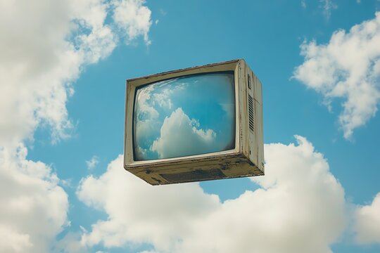 Vintage Crt Television Floating in Sky Reflecting Clouds in Bright Daylight - Powered by Adobe