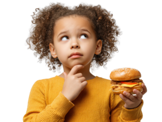 Girl with a Burger: A young girl, captured in a moment of contemplative decision, thoughtfully considers a delicious burger.