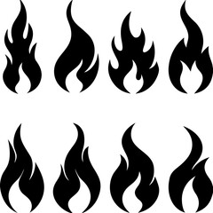 Set of eight stylized flames in black color vector illustration isolated on white background fire design elements