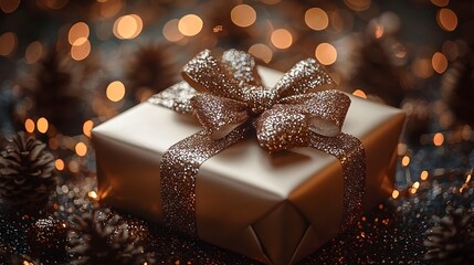 Elegant gift box wrapped in shimmering ribbon with festive decor
