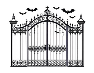 Spooky Halloween iron gate silhouette with bats and ghosts against a plain white background