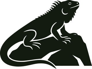 Iguana Silhouette Resting on Angular Rock with Spiny Back and Extended Tail