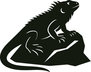 Iguana Silhouette on Rocky Surface with Arched Tail and Spiky Crest