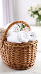 Wicker basket filled with rolled towels