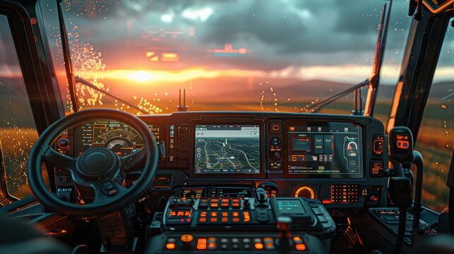 Futuristic Autonomous Vehicle Cockpit with Digital Dashboard and Sunset Horizon