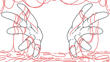 Abstract background, lines, hands wrapped with red string, let's play with string.