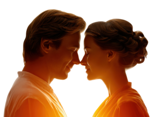 Intimate Gaze of Love: A tender moment captured, a couple shares an intimate moment, their faces inches apart, bathed in a warm, ethereal light, evoking a feeling of pure affection and connection.