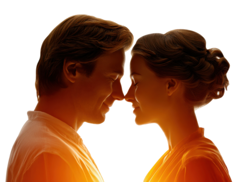 Intimate Gaze of Love: A tender moment captured, a couple shares an intimate moment, their faces inches apart, bathed in a warm, ethereal light, evoking a feeling of pure affection and connection.