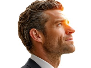 Visionary: A captivating close-up showcases a man gazing upward with an expression of focused contemplation, bathed in a warm, illuminating light