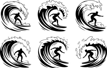 Fototapeta premium Surfer Silhouettes – Vector Illustration of Surfing on Waves