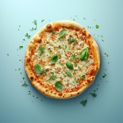 Authentic Pizza Margherita with Fresh Basil Leaves and Melted Mozzarella on a Rustic Wooden Table
