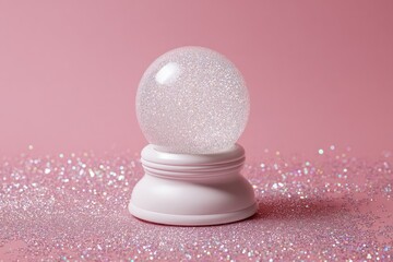 A white snow globe filled with iridescent glitter sits on a white base, resting on a bed of pink glitter against a pale pink background