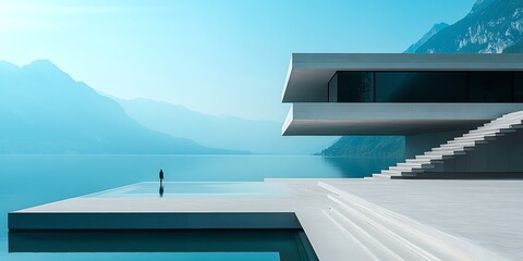 Modern Minimalist Building with Overhanging Structure and Staircase by Mountain Lake