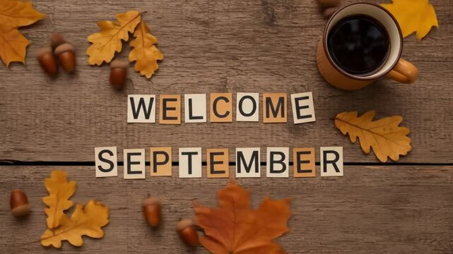Cozy September Welcome with Coffee and Autumn Leaves