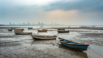 Climate Economic Risk A serene coastal scene with boats stranded in low tide and a city skyline in the distance.