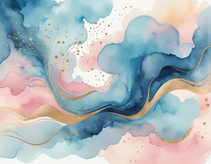 A dreamy abstract watercolor background blending soft pastel tones of blue, pink, and gold 