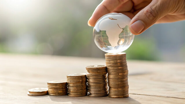 Climate Economic Risk A hand places a glass globe on a stack of coins, symbolizing investment and global finance.