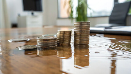 Climate Economic Risk Coins are stacked on a table with water, creating a dynamic and intriguing financial concept.