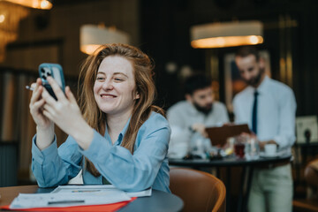 A cheerful young woman interacts with her smart phone while others collaborate in the background.