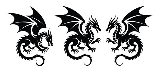 Three stylized black dragon silhouettes with wings and claws facing each other—ideal for fantasy, mythology, tattoo, and design projects
