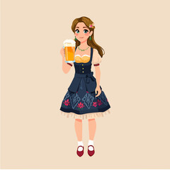 From the Oktoberfest series, a girl with a dirndl and a mug of beer in her hands against a contrasting isolated light brown background.