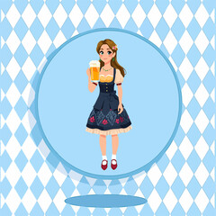 From the series "oktoberfest", girl with dirndl holds with beer mug on a traditional Bavarian pattern of blue and white diamonds	