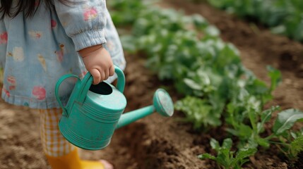 A little girl is holding a watering can. The can is green and has a yellow handle. The girl is standing in a garden