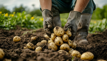 Fresh organic potatoes being harvested directly from the soil in a rural field