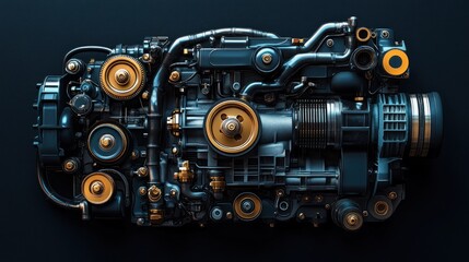 Fototapeta premium Modern engine isolated on dark background, intricate details