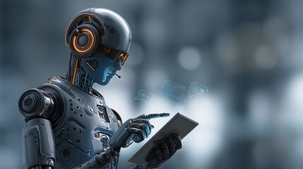 Fototapeta premium AI chatbot technology, virtual assistant for customer service, futuristic smart automation, AI-powered chatbot on tablet, digital business support, artificial intelligence conversation bot. 