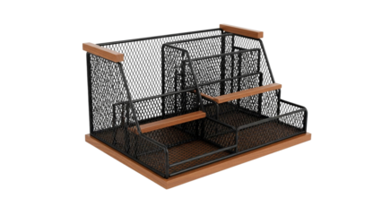 A wooden desk organizer with wire mesh shelves and compartments, offering a practical and stylish storage solution. This organizer helps keep workspaces tidy and efficient.

