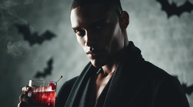 The concept of the Halloween holiday in drinks. A man with a glass on the background of bats. scary man in the dark. A black guy drinks a Halloween cocktail.