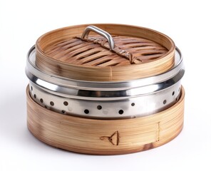 A two-tiered bamboo steamer with a stainless steel base and perforated insert sits on a white background.  The top tier features a woven bamboo lid with a metal handle