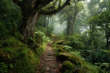 Obraz premium There is a serene path winding through a lush green forest