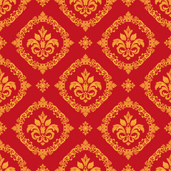 Native thai ethnic geometric pattern samless gold and red on red background. tiles, rugs, carpet