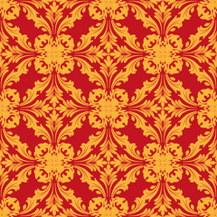 Native thai ethnic geometric pattern samless gold and red on a light red background. tiles, rugs, carpet